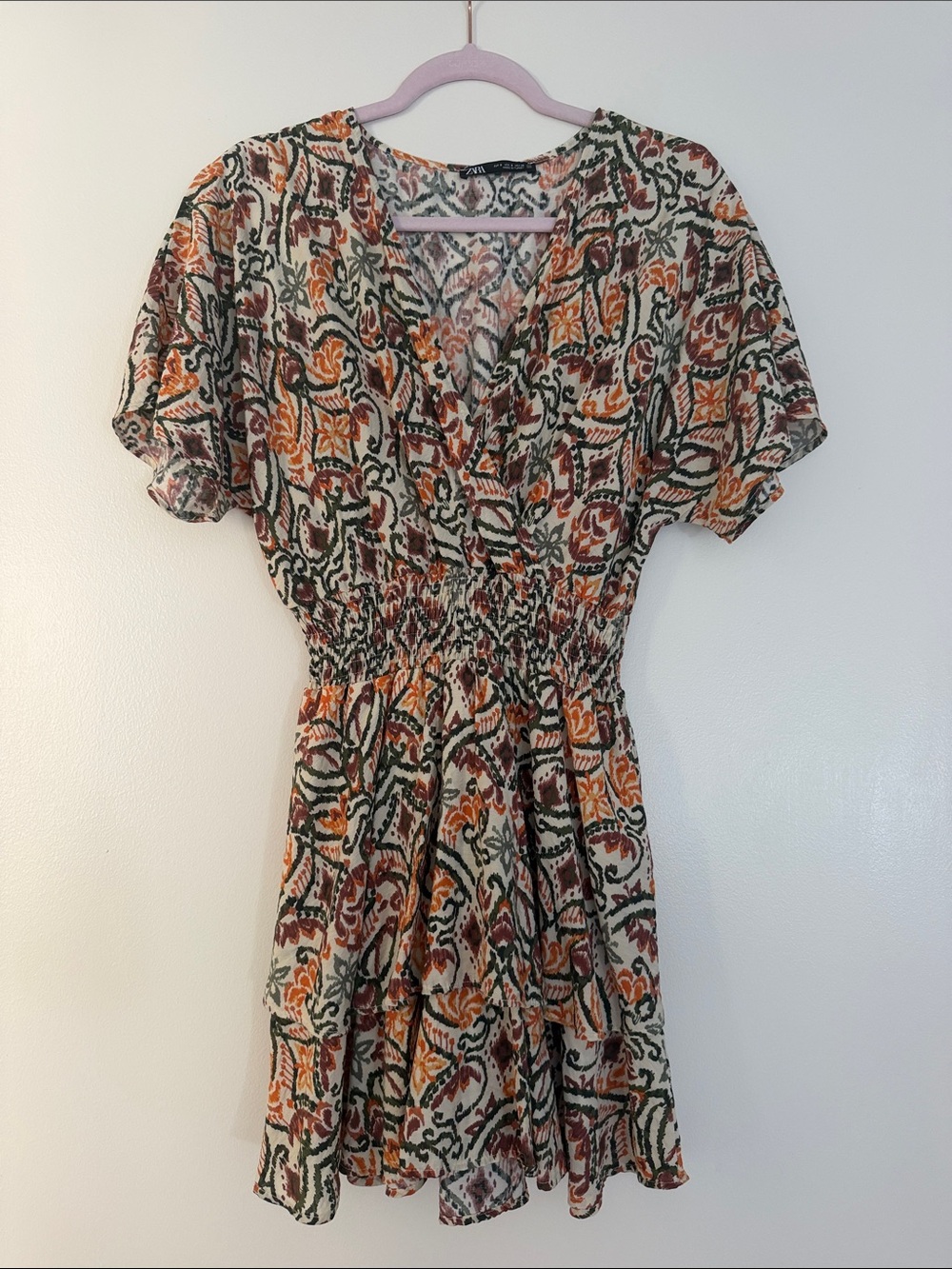 Zara Cream Floral Mini Dress with Orange & Green Accents